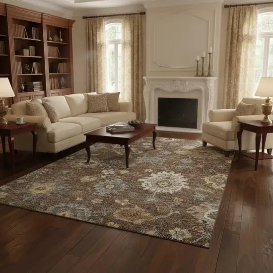 Chocolate Gold And Gray Floral Medallion Washable Area Rug With UV Protection Photo 2