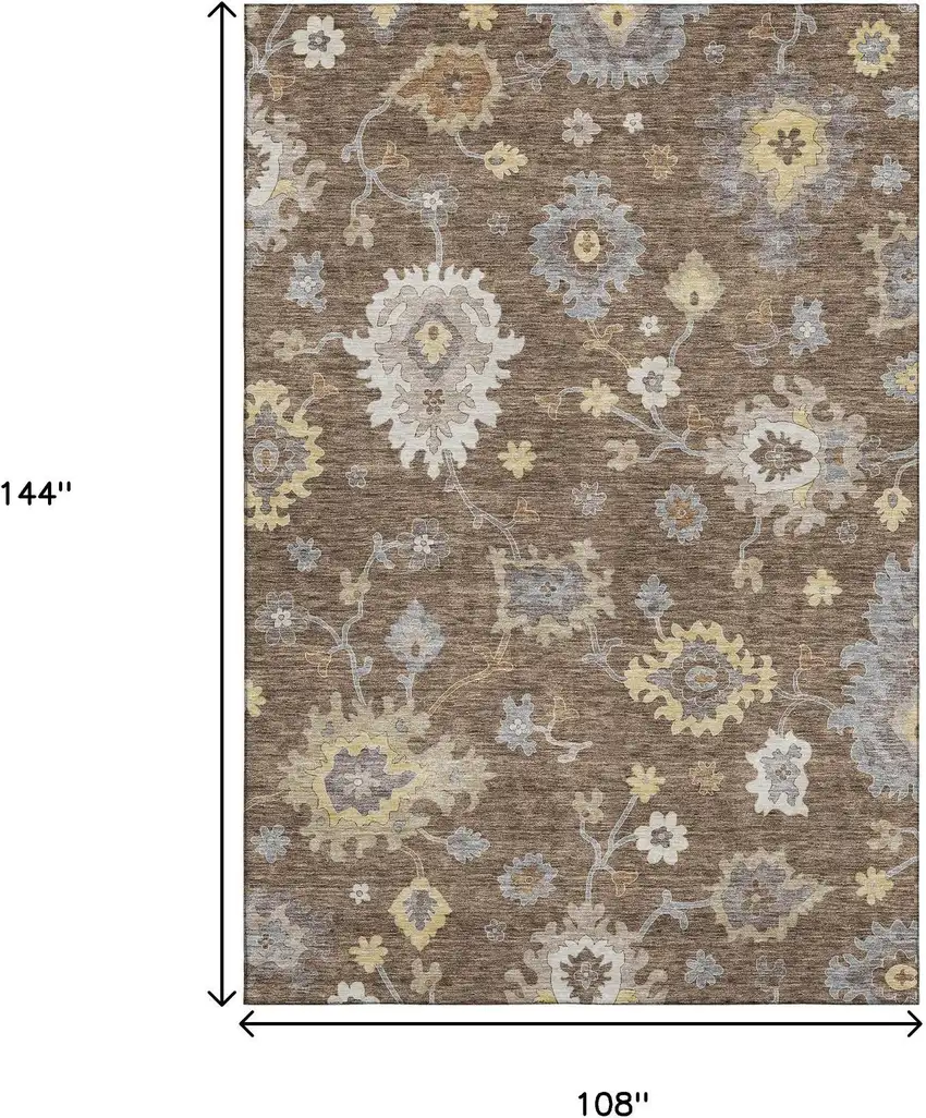 Chocolate Gold And Gray Floral Medallion Washable Area Rug With UV Protection Photo 3