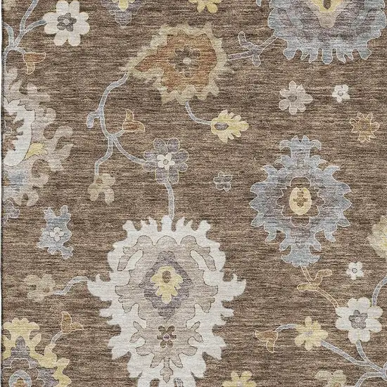 Chocolate Gold And Gray Floral Medallion Washable Area Rug With UV Protection Photo 3