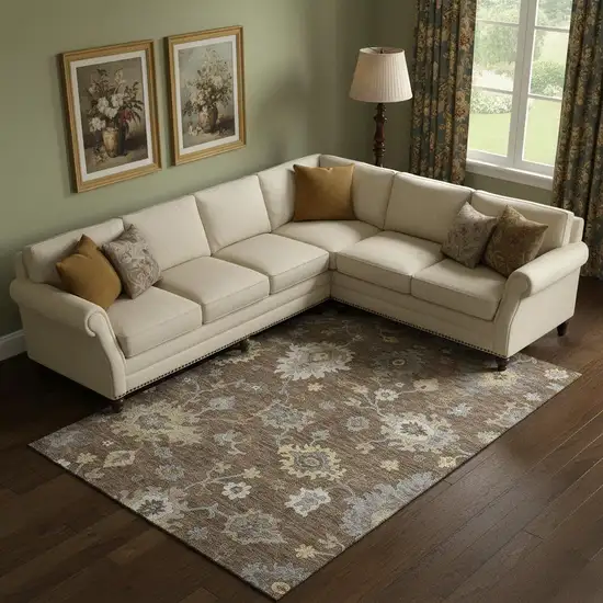 Chocolate Gold And Gray Floral Medallion Washable Area Rug With UV Protection Photo 1