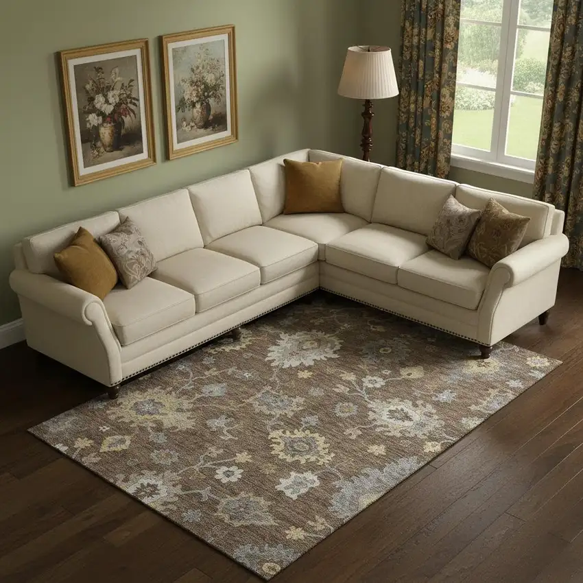 Chocolate Gold And Gray Floral Medallion Washable Area Rug With UV Protection Photo 1