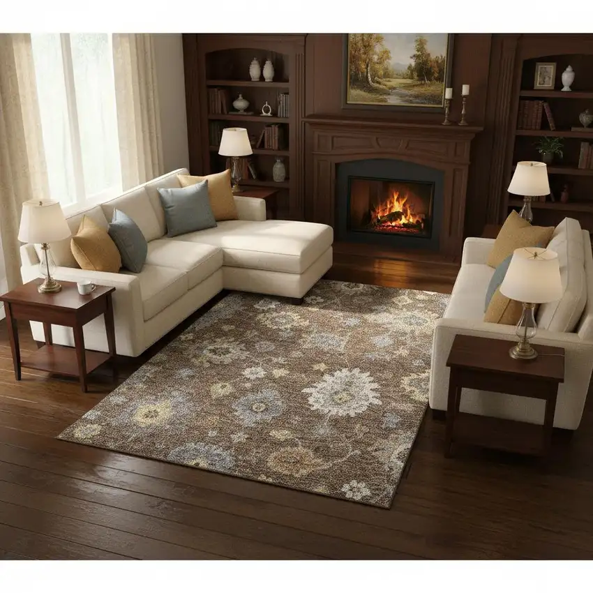 Chocolate Gold And Gray Floral Medallion Washable Area Rug With UV Protection Photo 2