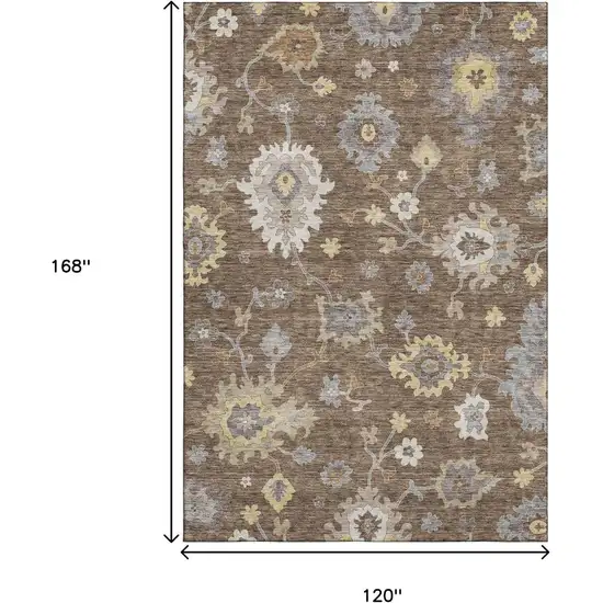 Chocolate Gold And Gray Floral Medallion Washable Area Rug With UV Protection Photo 3
