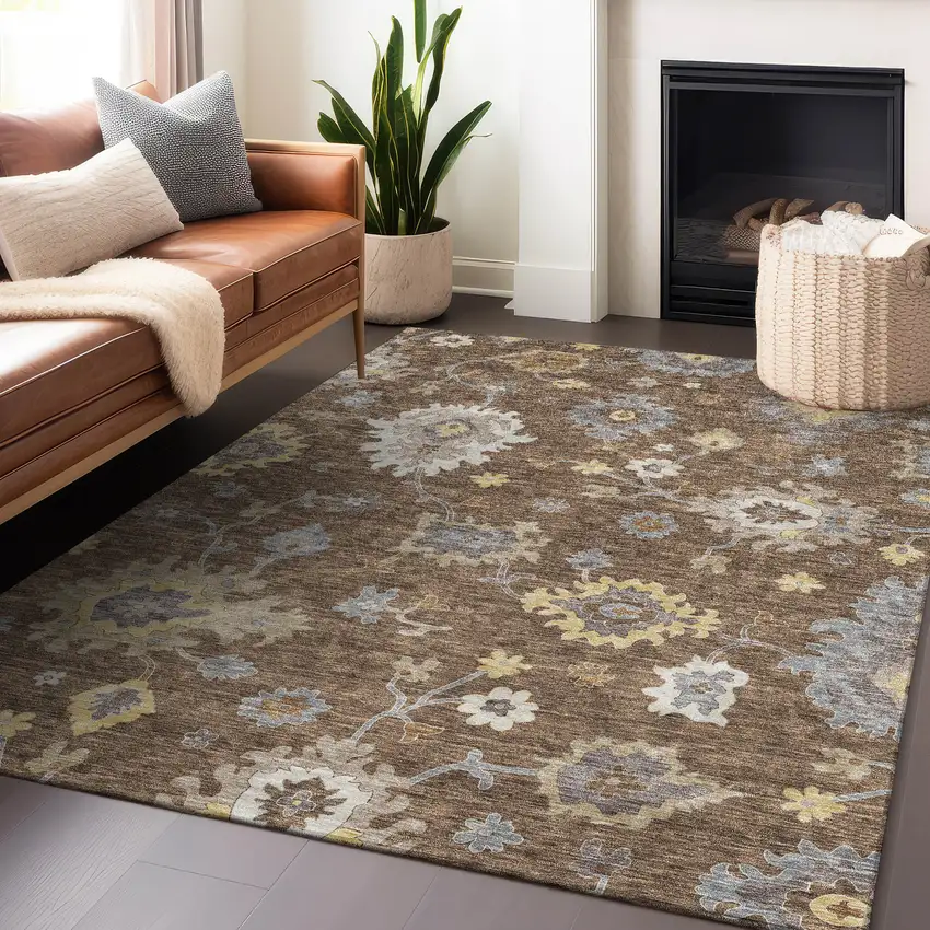 Chocolate Gold And Gray Floral Medallion Washable Area Rug With UV Protection Photo 6