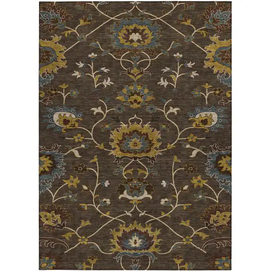 Chocolate Gold And Gray Floral Washable Indoor Outdoor Area Rug Photo 4