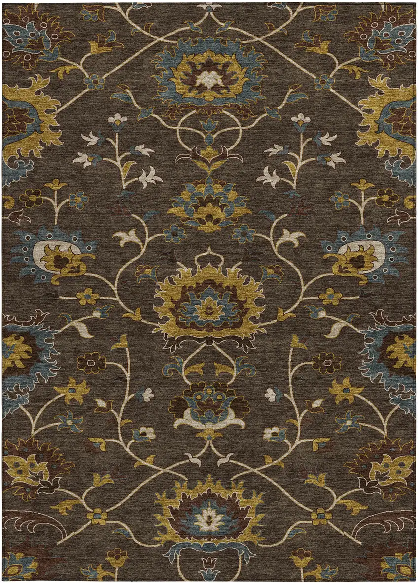 Chocolate Gold And Gray Floral Washable Indoor Outdoor Area Rug Photo 4