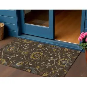 Photo of Chocolate Gold And Gray Floral Washable Indoor Outdoor Area Rug