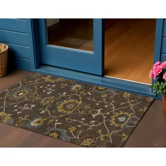 Chocolate Gold And Gray Floral Washable Indoor Outdoor Area Rug Photo 1