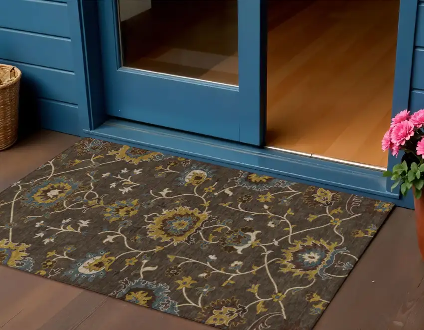 Chocolate Gold And Gray Floral Washable Indoor Outdoor Area Rug Photo 1