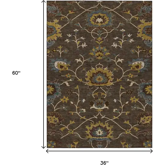 Chocolate Gold And Gray Floral Washable Indoor Outdoor Area Rug Photo 3
