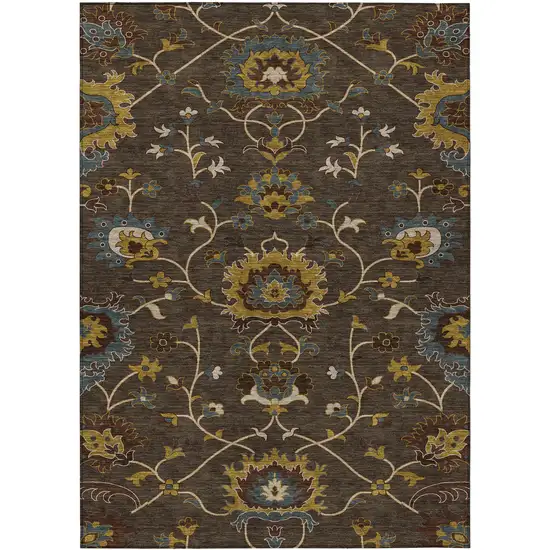 Chocolate Gold And Gray Floral Washable Indoor Outdoor Area Rug Photo 2