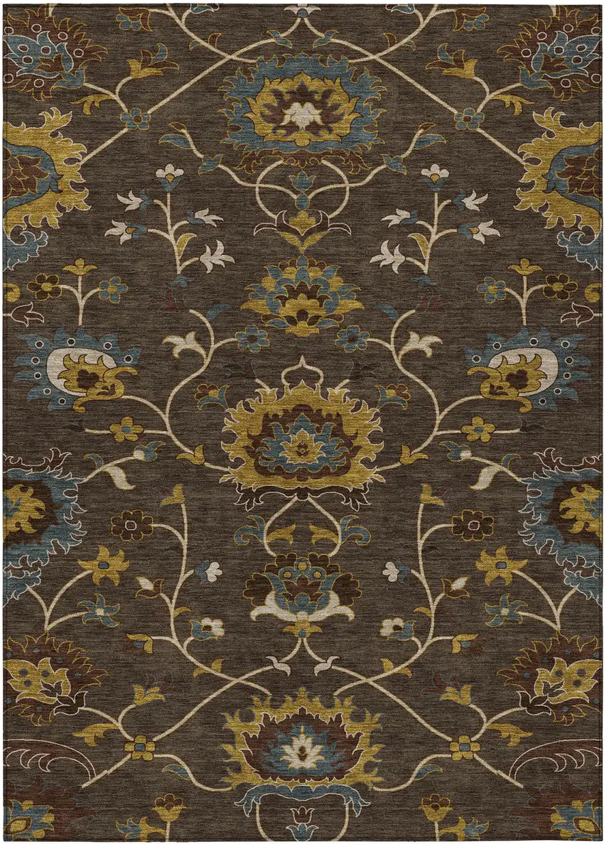 Chocolate Gold And Gray Floral Washable Indoor Outdoor Area Rug Photo 2