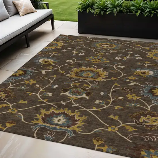 Chocolate Gold And Gray Floral Washable Indoor Outdoor Area Rug Photo 1