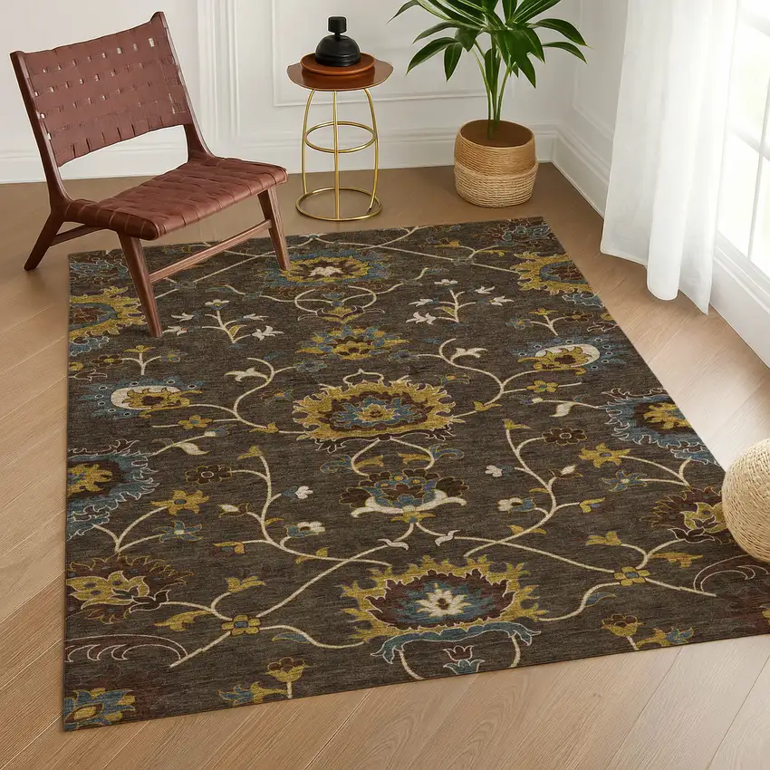 Chocolate Gold And Gray Floral Washable Indoor Outdoor Area Rug Photo 9