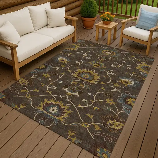 Chocolate Gold And Gray Floral Washable Indoor Outdoor Area Rug Photo 9