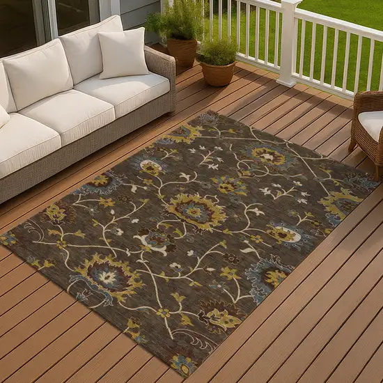 Chocolate Gold And Gray Floral Washable Indoor Outdoor Area Rug Photo 7