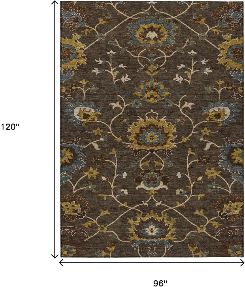 Chocolate Gold And Gray Floral Washable Indoor Outdoor Area Rug Photo 3