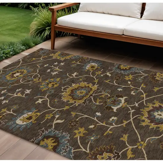 Chocolate Gold And Gray Floral Washable Indoor Outdoor Area Rug Photo 1