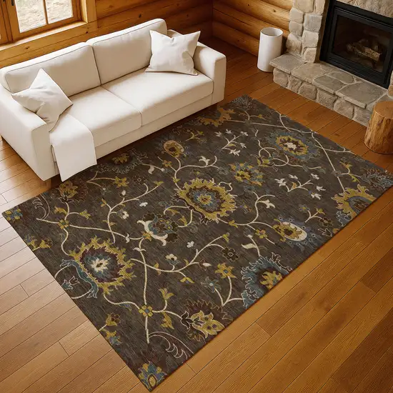 Chocolate Gold And Gray Floral Washable Indoor Outdoor Area Rug Photo 8