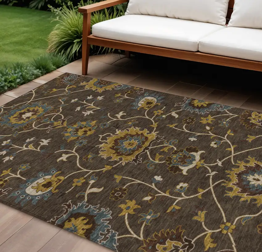 Chocolate Gold And Gray Floral Washable Indoor Outdoor Area Rug Photo 1