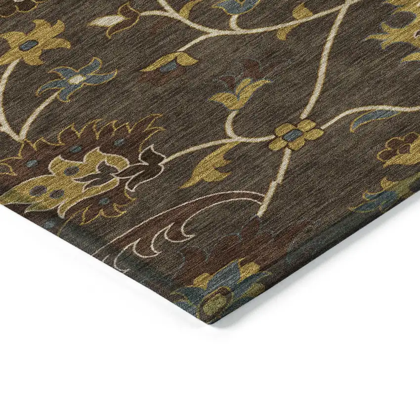 Chocolate Gold And Gray Floral Washable Indoor Outdoor Area Rug Photo 6