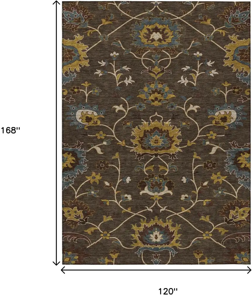 Chocolate Gold And Gray Floral Washable Indoor Outdoor Area Rug Photo 3