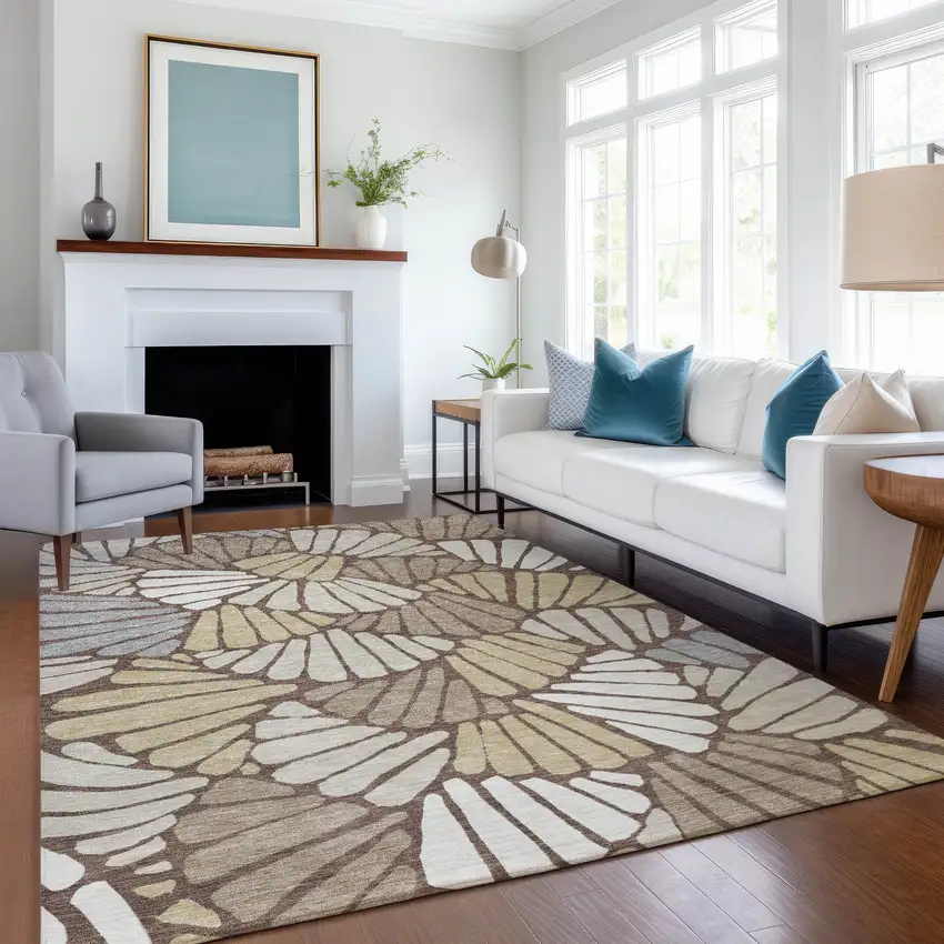 Chocolate Gold And Gray Floral Washable Indoor Outdoor Area Rug Photo 6