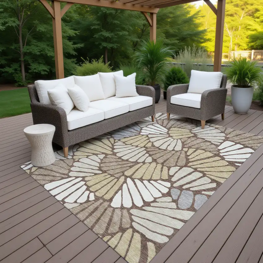 Chocolate Gold And Gray Floral Washable Indoor Outdoor Area Rug Photo 7