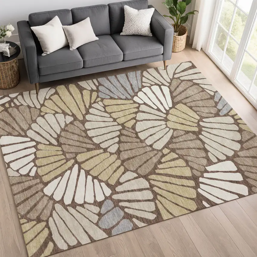 Chocolate Gold And Gray Floral Washable Indoor Outdoor Area Rug Photo 5
