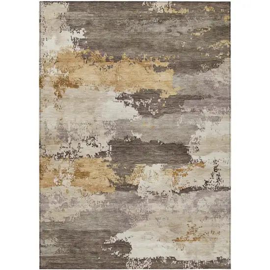 Chocolate Gold And Ivory Abstract Washable Indoor Outdoor Area Rug Photo 1