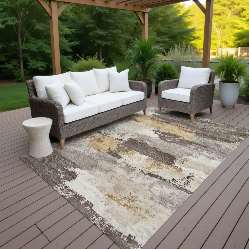 Chocolate Gold And Ivory Abstract Washable Indoor Outdoor Area Rug Photo 7