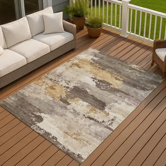 Chocolate Gold And Ivory Abstract Washable Indoor Outdoor Area Rug Photo 4