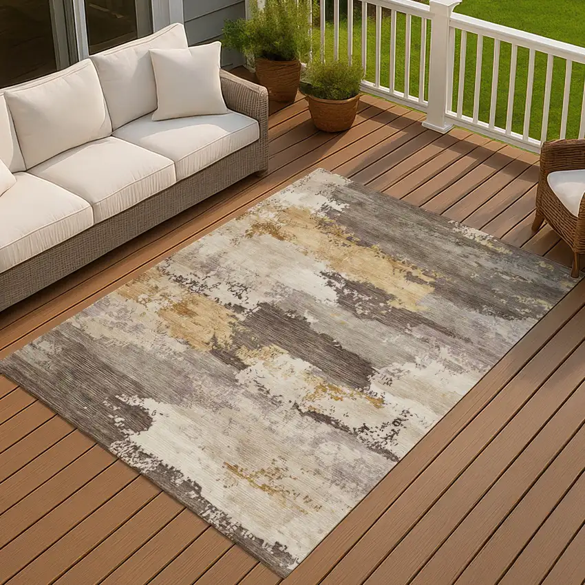 Chocolate Gold And Ivory Abstract Washable Indoor Outdoor Area Rug Photo 4