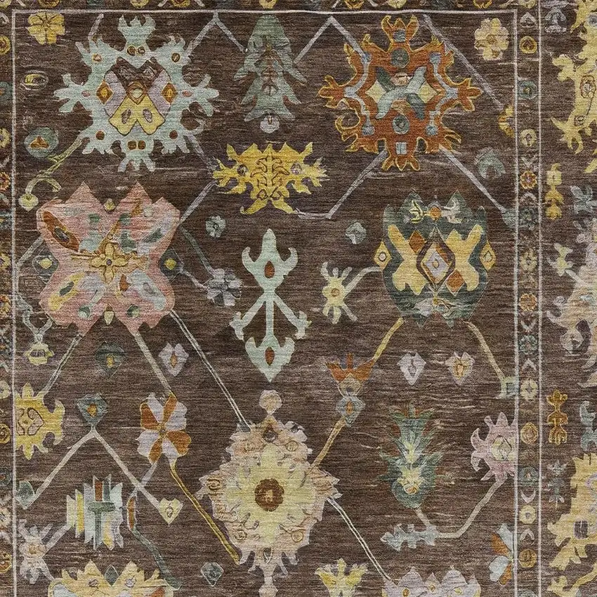 Chocolate Gold And Ivory Floral Washable Indoor Outdoor Area Rug Photo 4