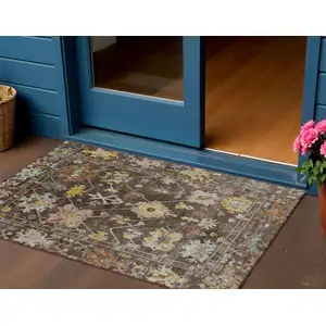 Photo of Chocolate Gold And Ivory Floral Washable Indoor Outdoor Area Rug