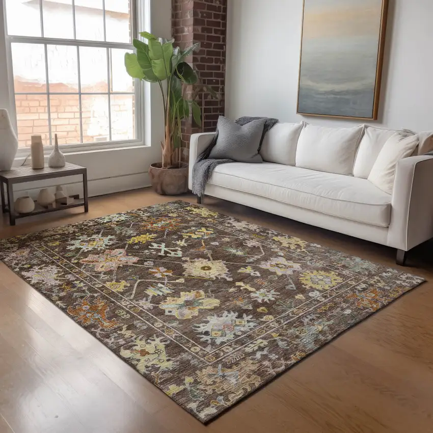 Chocolate Gold And Ivory Floral Washable Indoor Outdoor Area Rug Photo 9