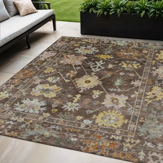 Chocolate Gold And Ivory Floral Washable Indoor Outdoor Area Rug Photo 1