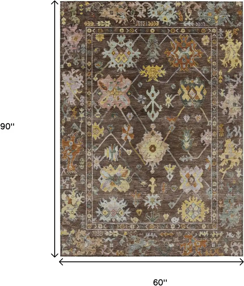 Chocolate Gold And Ivory Floral Washable Indoor Outdoor Area Rug Photo 3
