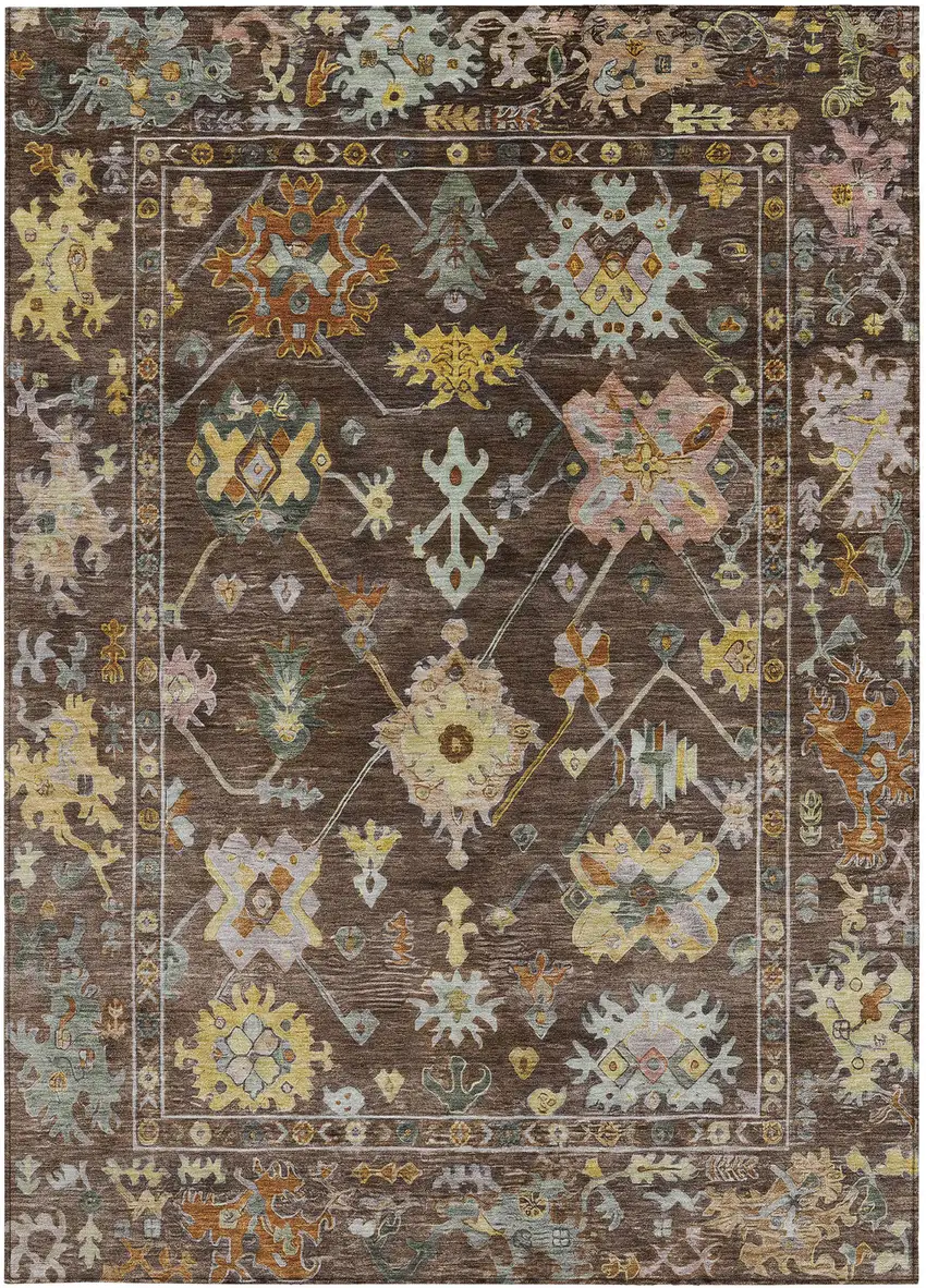 Chocolate Gold And Ivory Floral Washable Indoor Outdoor Area Rug Photo 5