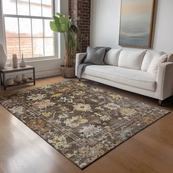 Chocolate Gold And Ivory Floral Washable Indoor Outdoor Area Rug Photo 9