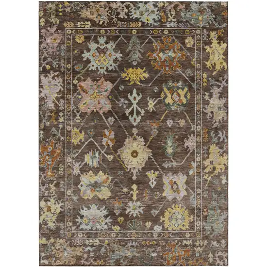Chocolate Gold And Ivory Floral Washable Indoor Outdoor Area Rug Photo 2