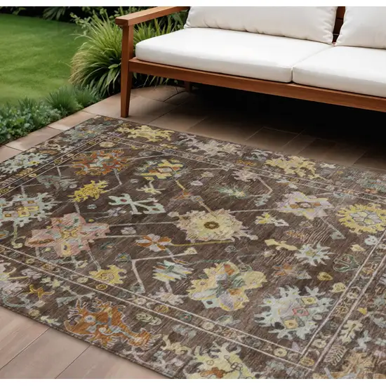 Chocolate Gold And Ivory Floral Washable Indoor Outdoor Area Rug Photo 1