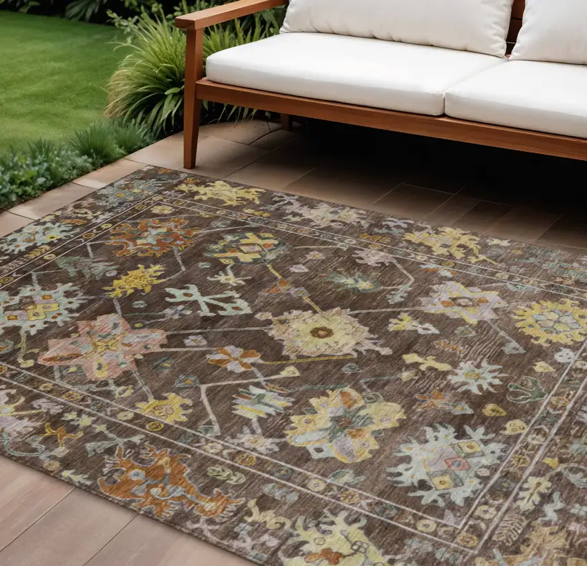 Chocolate Gold And Ivory Floral Washable Indoor Outdoor Area Rug Photo 1