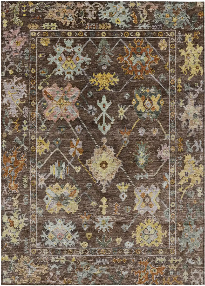 Chocolate Gold And Ivory Floral Washable Indoor Outdoor Area Rug Photo 2