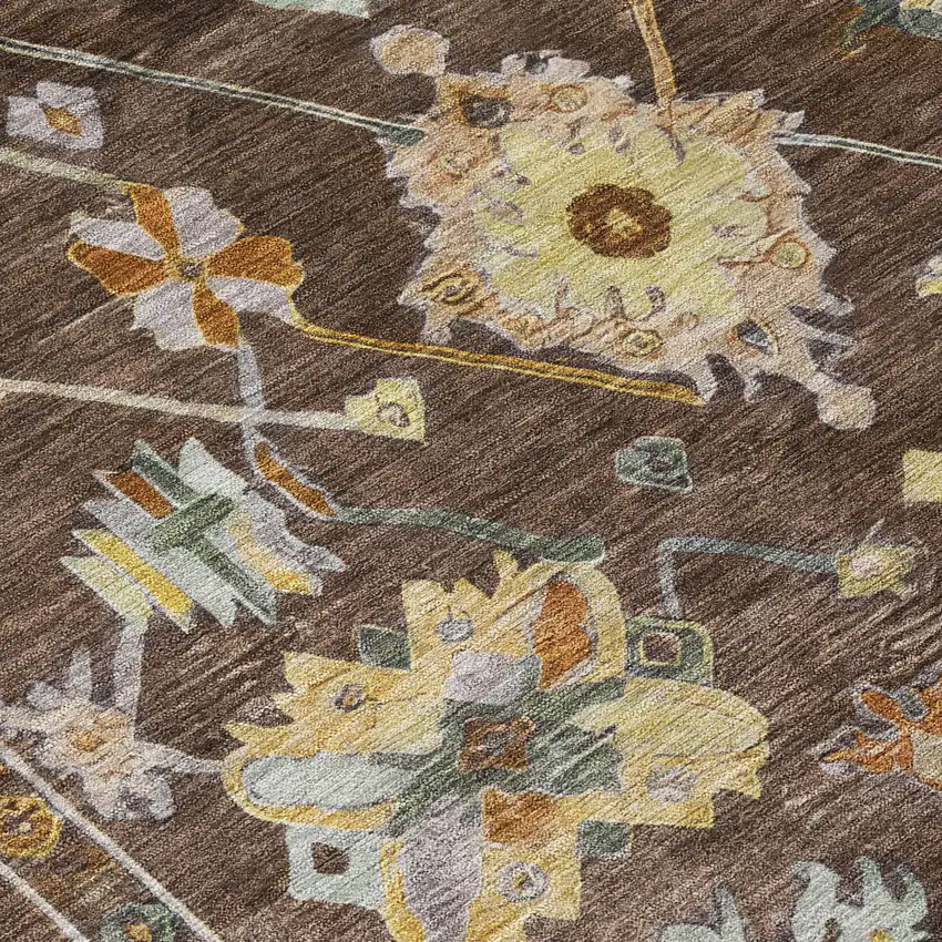 Chocolate Gold And Ivory Floral Washable Indoor Outdoor Area Rug Photo 7