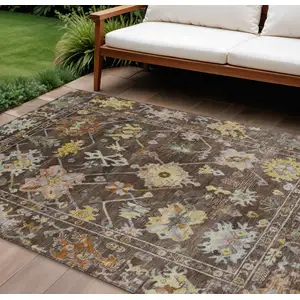 Photo of Chocolate Gold And Ivory Floral Washable Indoor Outdoor Area Rug