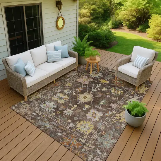 Chocolate Gold And Ivory Floral Washable Indoor Outdoor Area Rug Photo 8