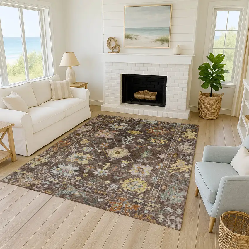 Chocolate Gold And Ivory Floral Washable Indoor Outdoor Area Rug Photo 9