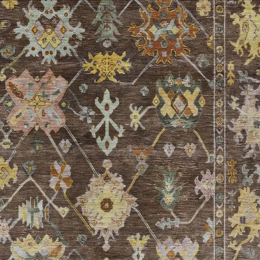 Chocolate Gold And Ivory Floral Washable Indoor Outdoor Area Rug Photo 6