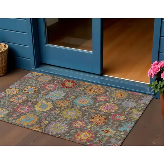 Chocolate Gold And Pink Damask Washable Indoor Outdoor Area Rug Photo 1